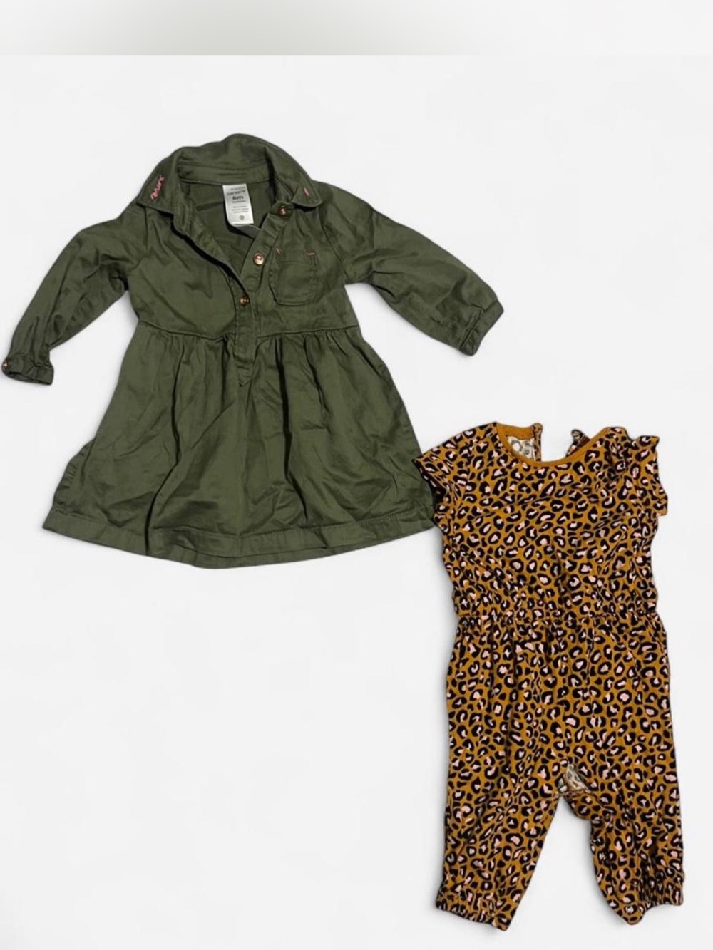 NWOT 3-6M Baby FALL Carter’s set -Olive Green Button Dress & animal long Romper